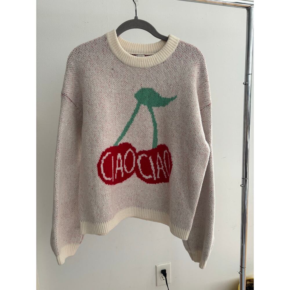 A New Day Cherry Graphic Sweater Women’s Medium Cream Knit Pullover Cozy Cute - Picture 3 of 12